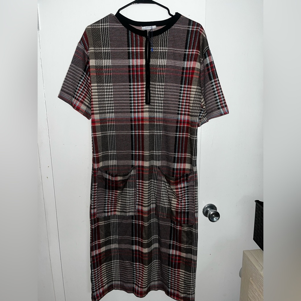 Zara Red and Black Plaid Midi Dress